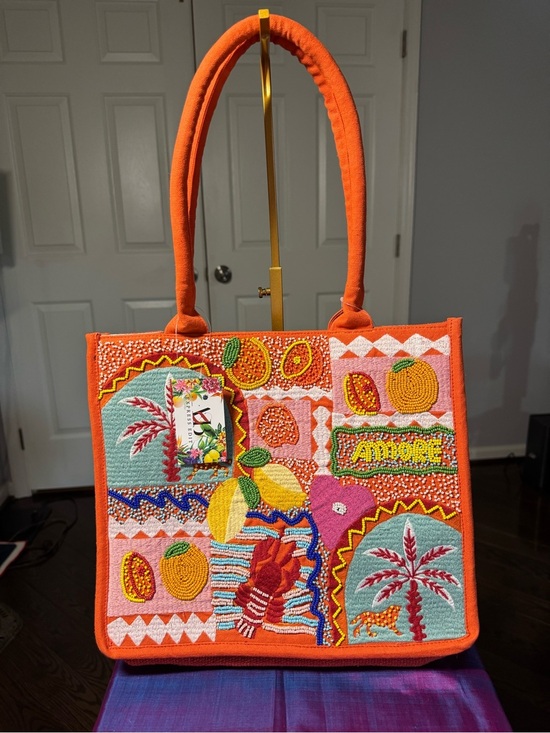 America & Beyond Handbags - 🔥 NWT America & Beyond "Amore" Hand-Beaded Tropical Canvas Tote Bag